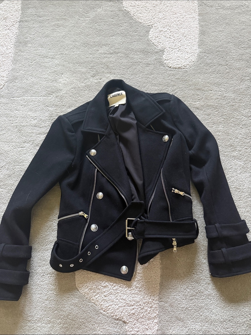 L'AGENCE Black Leather-Trim Moto Jacket with Belt